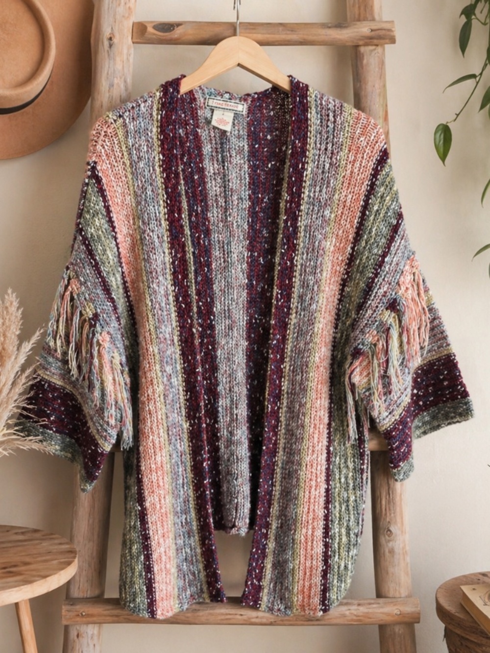 Flying Tomato Chunky Knit Fringe Cardigan Boho Western Festival Coastal Wool M